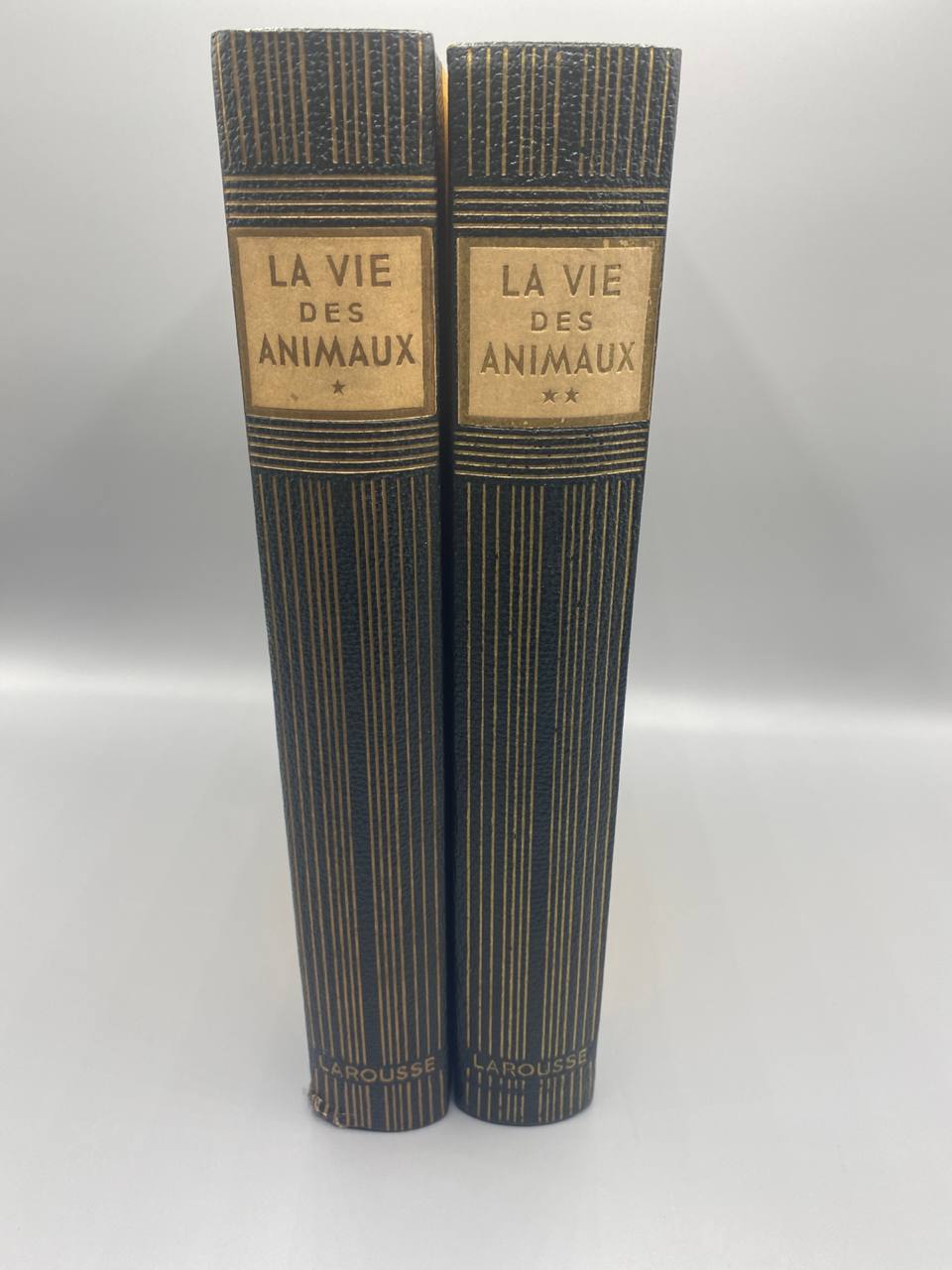 La Vie des Animaux Larousse 1949 – dos des deux tomes, strié noir et or, étiquette dorée tome 1 et tome 2