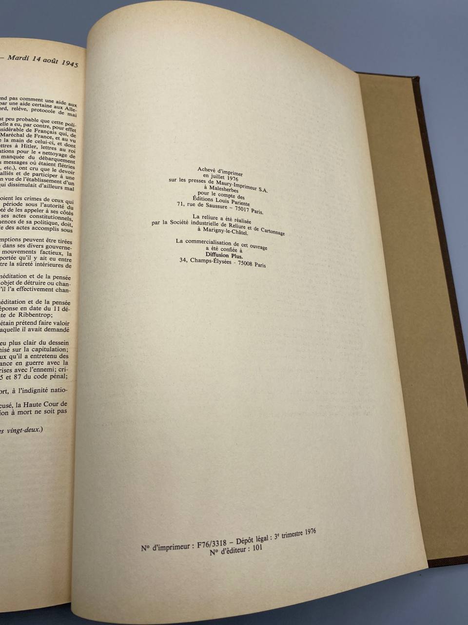 Procès du Maréchal Pétain, achévé d'imprimer juillet 1976 Maury-Imprimeur