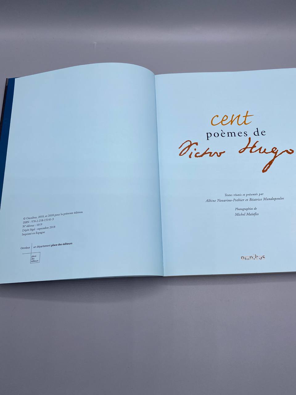 Cent poèmes de Victor Hugo, page de titre et mentions légales, dépôt légal 2018