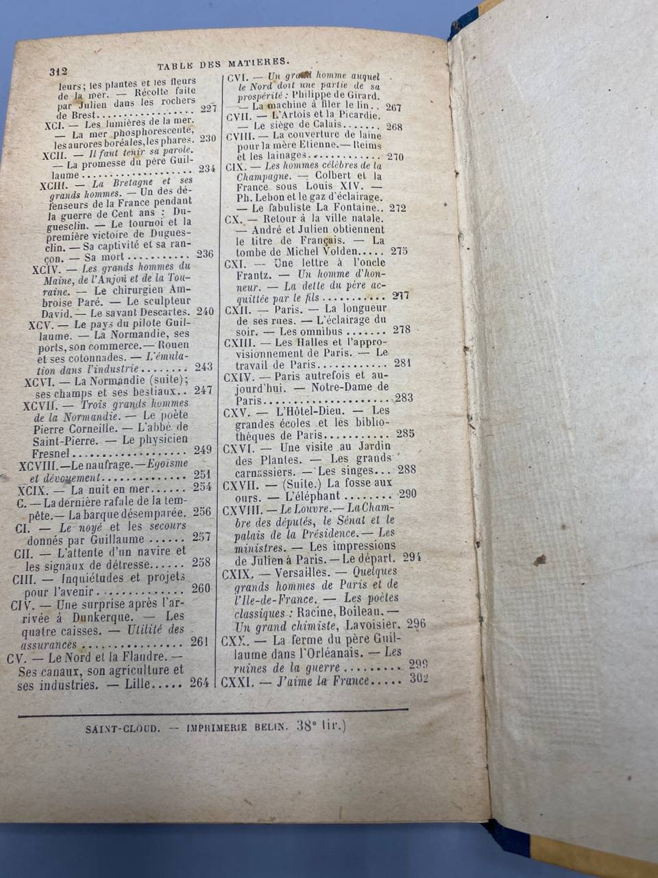Le Tour de la France par deux enfants, table des matières fin de volume, Imprimerie Belin Saint-Cloud