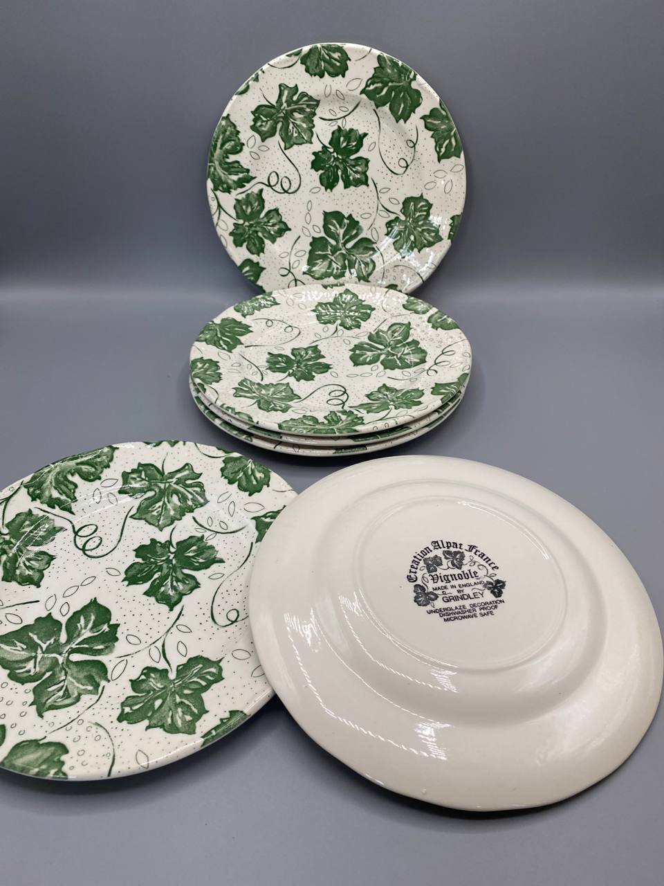 Lot de 6 assiettes plates Grindley décor Vignoble feuilles de vigne vertes vue d'ensemble