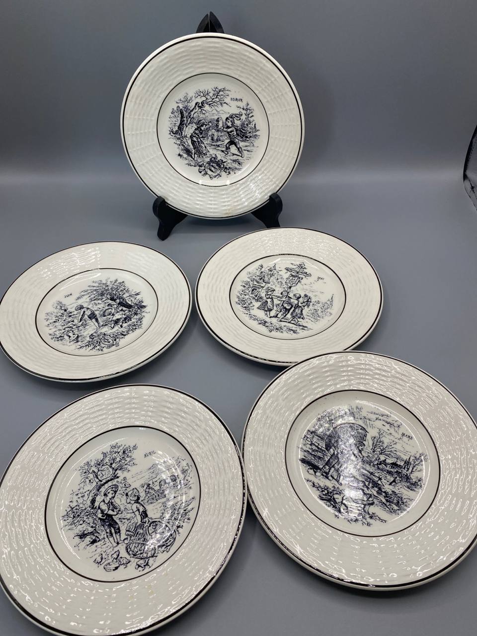 5 assiettes faïence Digoin-Sarreguemines Les Mois vue d'ensemble Février Mai Avril Mars