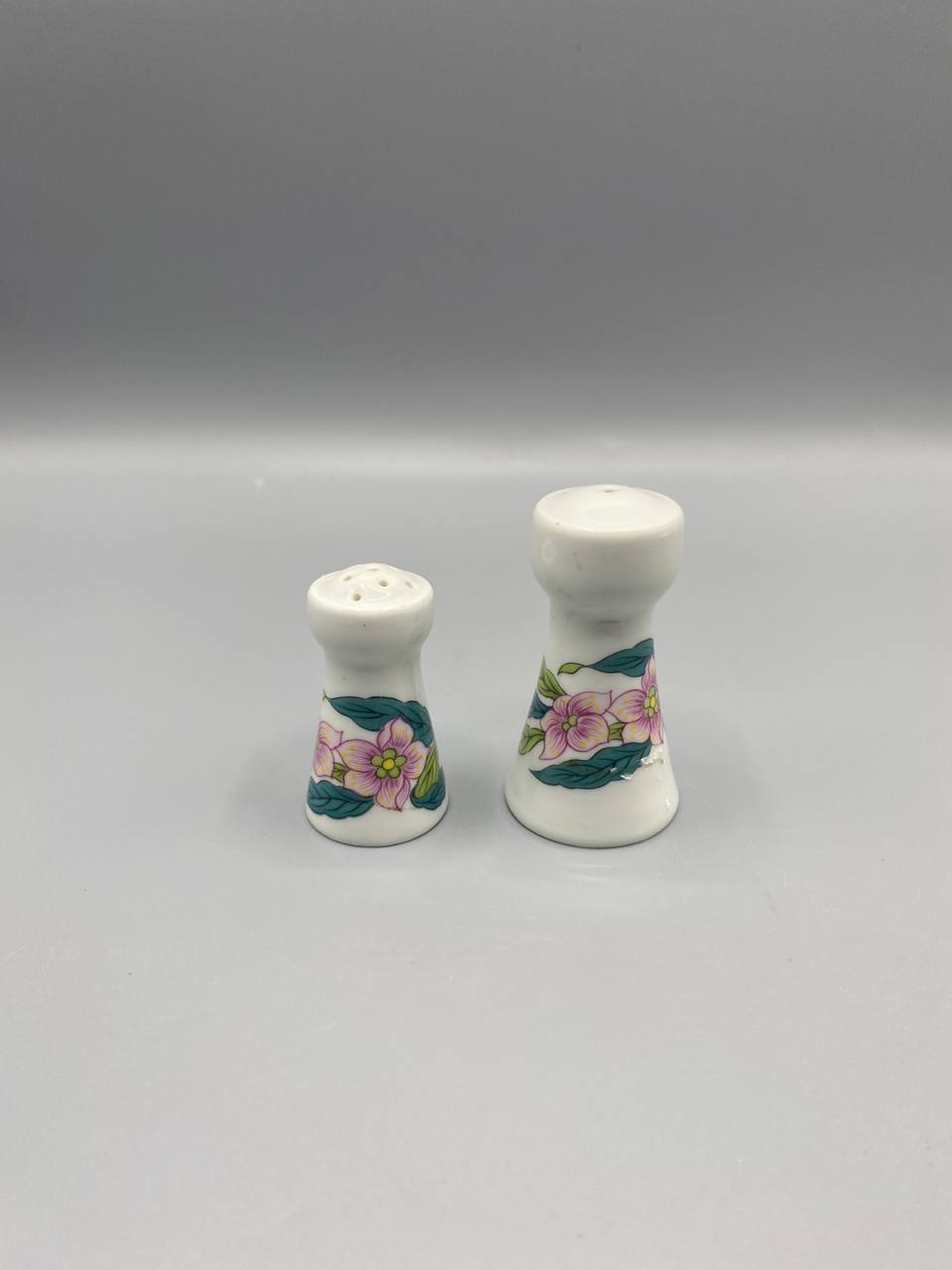 Salière et poivrière porcelaine blanche décor floral roses feuilles vertes vue de face