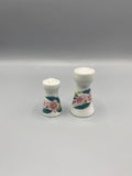 Salière et poivrière porcelaine blanche décor floral roses feuilles vertes vue de face