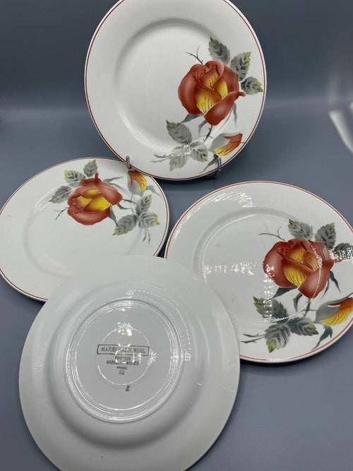 4 assiettes plates faïence Digoin Sarreguemines décor Marbroise rose thé orangee feuillage gris-vert filet bordeaux
