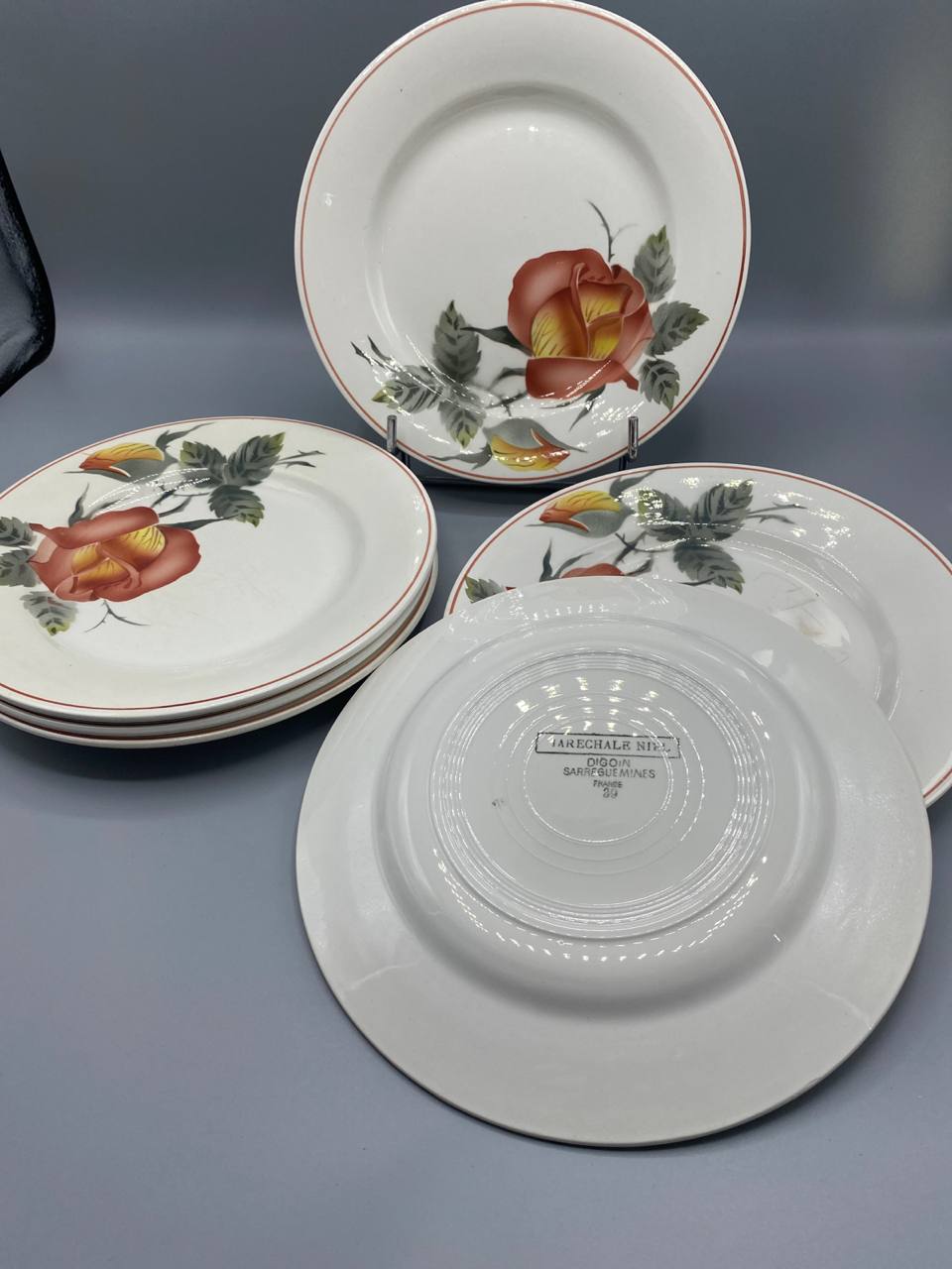 6 assiettes creuses faïence Digoin Sarreguemines décor Maréchale Niel rose thé vue d’ensemble