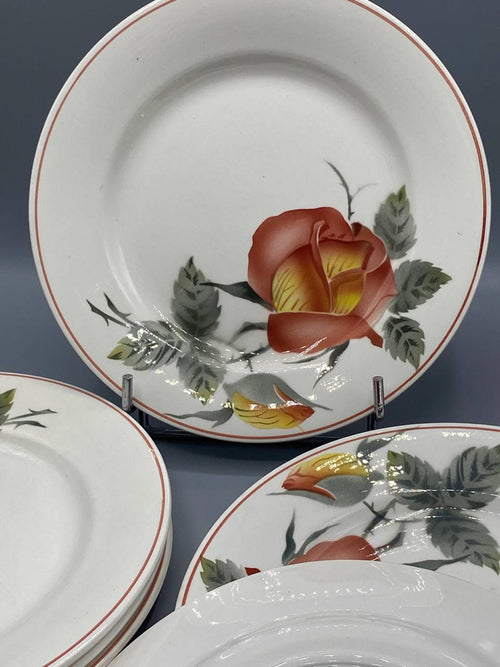 Gros plan assiette creuse faïence Digoin décor Maréchale Niel rose thé orangee feuillage gris-vert