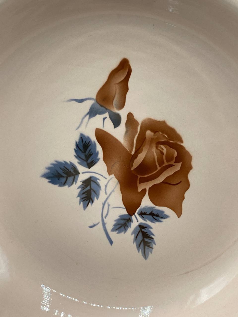 Gros plan décor rose ambrée dorée pétales chauds feuillage bleu-gris faïence saumonée Digoin