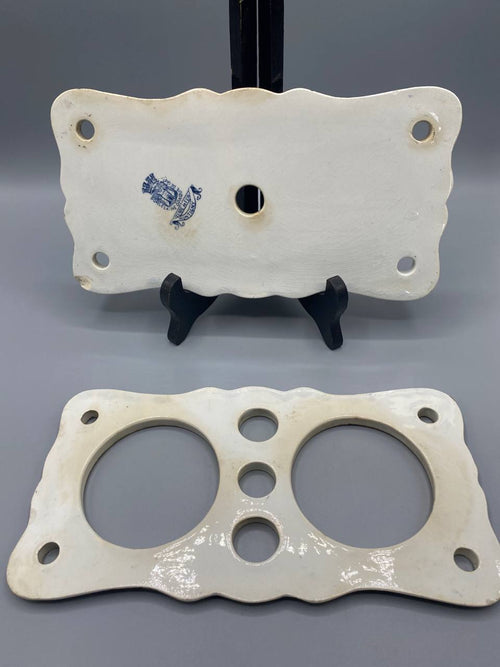 Revers plaques Terre de Fer Montereau tampon manufacture bleu porcelaine opaque