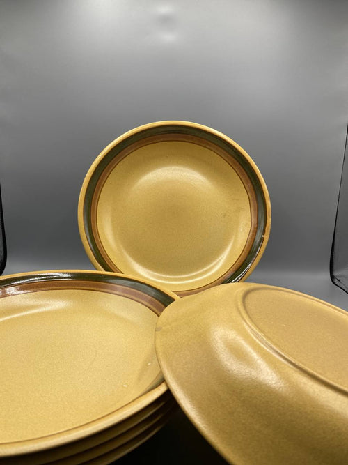 6 grandes assiettes plates grès vintage fond beige double liseré brun vert olive bord relevé vue d’ensemble