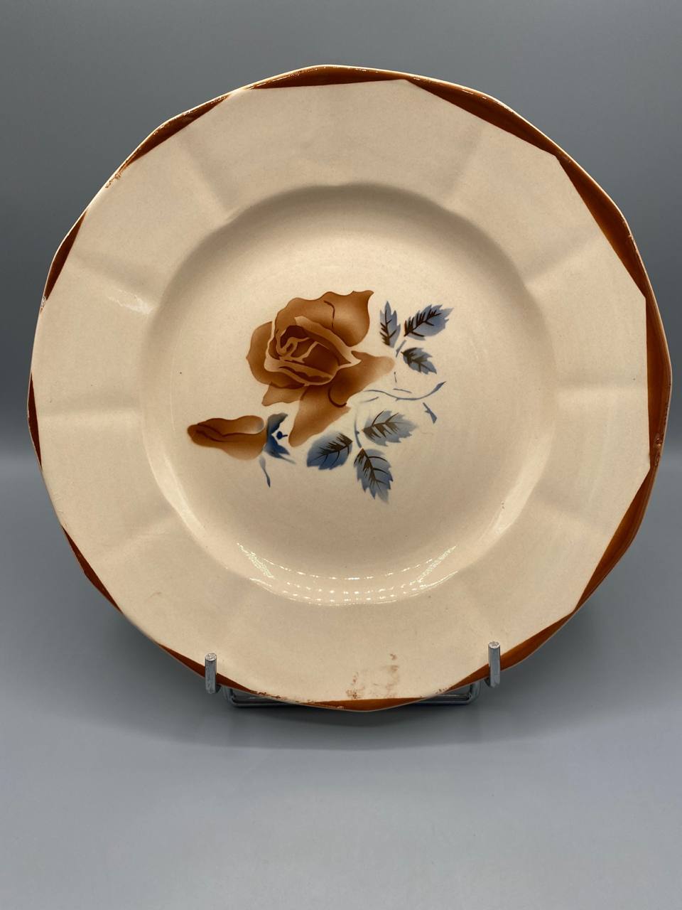 Plat creux faïence fine Digoin-Sarreguemines rose thé ambrée pochoir feuillage bleu ardoise bord brun tabac vue de face