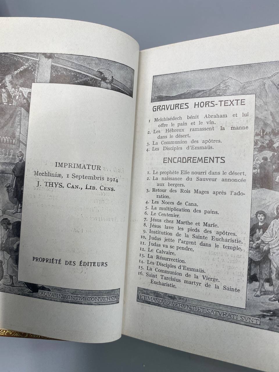 Missel du Saint Tabernacle, imprimatur Malines 1914, liste gravures hors-texte et encadrements