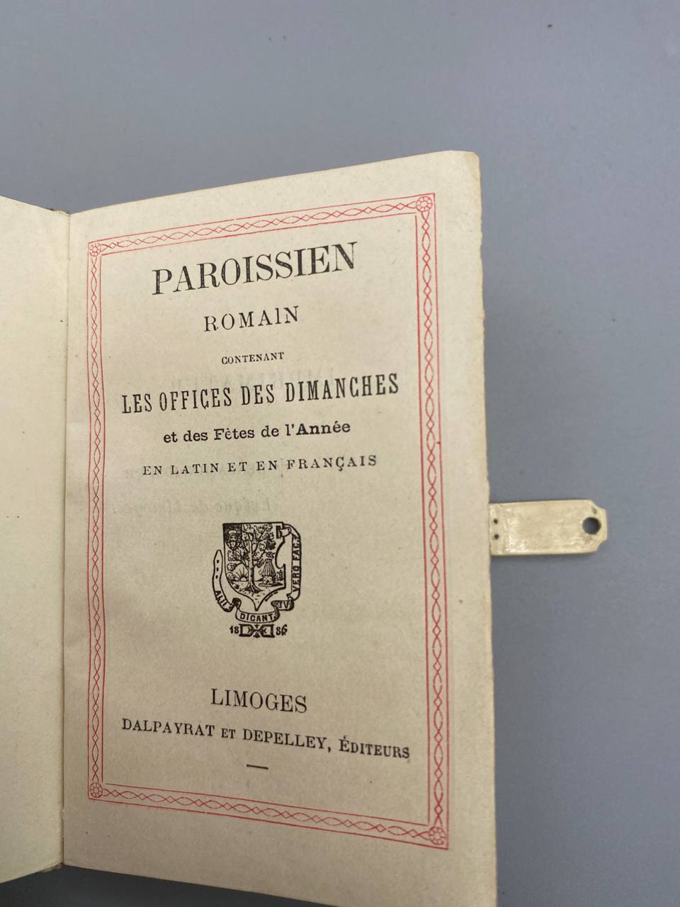 Paroissien Romain, page de titre typographique avec blason Limoges 1886, Dalpayrat et Depelley éditeurs