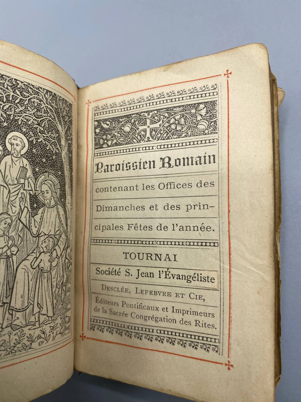 Paroissien Romain, page de titre typographique avec gravure, Desclée Lefebvre et Cie Tournai, Société Saint Jean l'Évangéliste