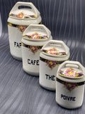 4 pots à provisions faïence Art Déco, Farine Café Thé Poivre, décor floral frise noire, couvercles à poignée