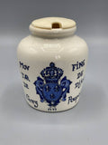 Pot à moutarde Grey Poupon faïence, face principale, armoiries Dijon bleu cobalt, inscriptions gothiques