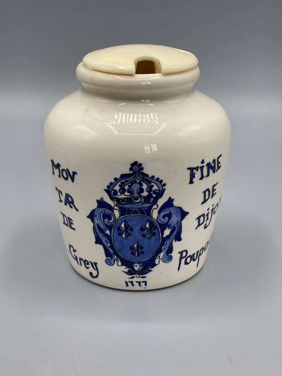 Pot à moutarde Grey Poupon faïence, face principale, armoiries Dijon bleu cobalt, inscriptions gothiques