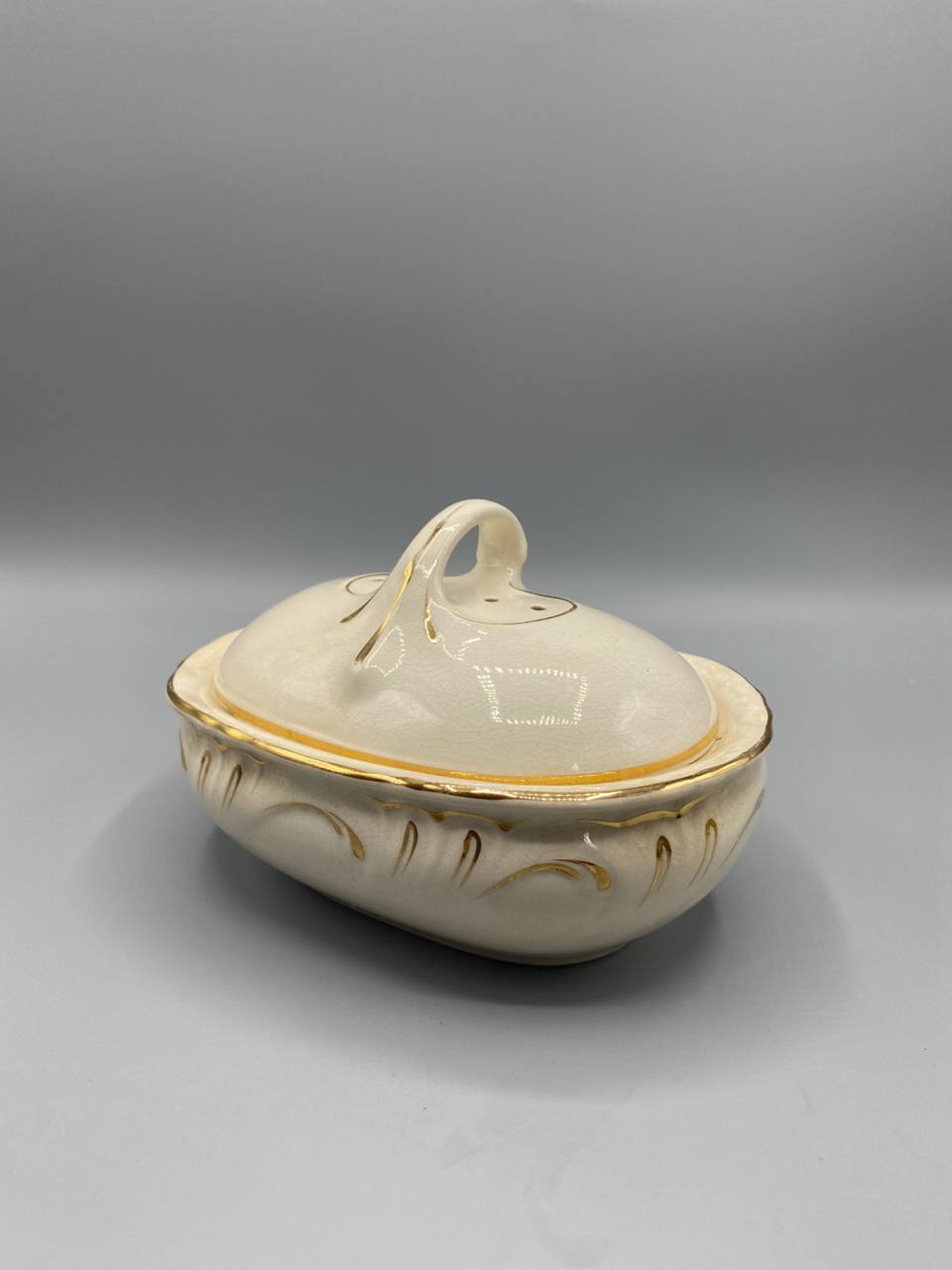 Porte-savon Villeroy & Boch, vue de trois quarts opposé, godrons et arceaux dorés en relief sur le corps