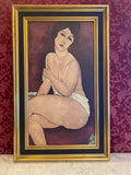 Reproduction Modigliani nu féminin assis, vue rapprochée du visage et des épaules, fond bordeaux profond, lignes épurées, yeux en amande caractéristiques