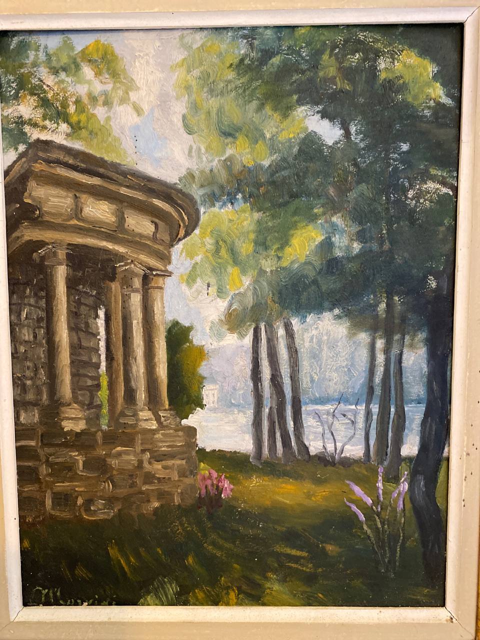 Détail bas gauche de la peinture, zone sombre avec touches de vert et jaune, signature non identifiée en bas à gauche, craquelures légères visibles