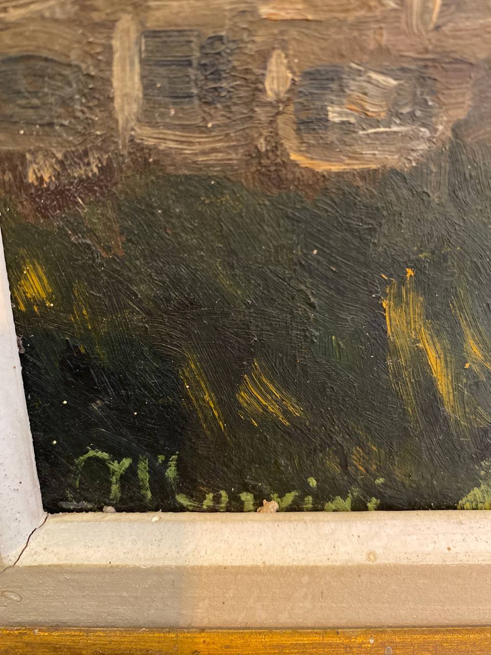 Dos du tableau, châssis bois ancien, mention 5F au dos, corde de suspension en ficelle blanche à deux points, inscription manuscrite partiellement lisible en bas