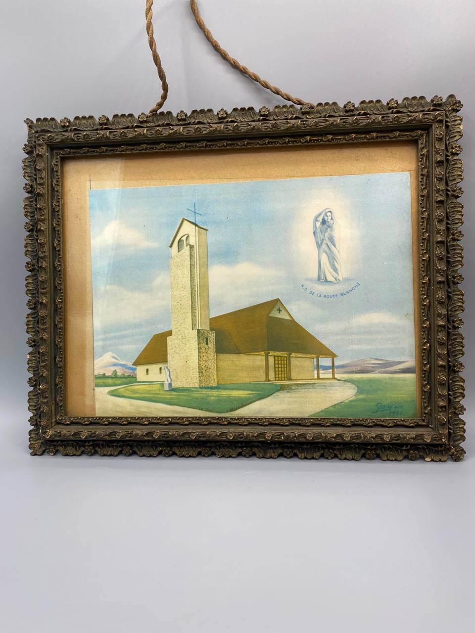 Notre-Dame de la Route Blanche Ségny gouache originale 1940 encadrée