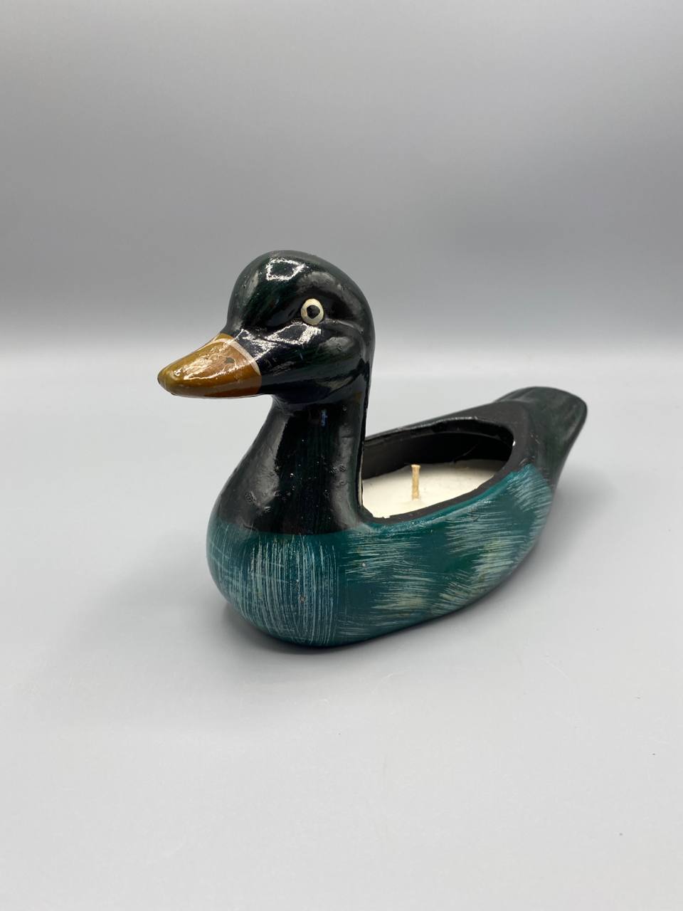 Canard colvert bois sculpté, vue de profil gauche