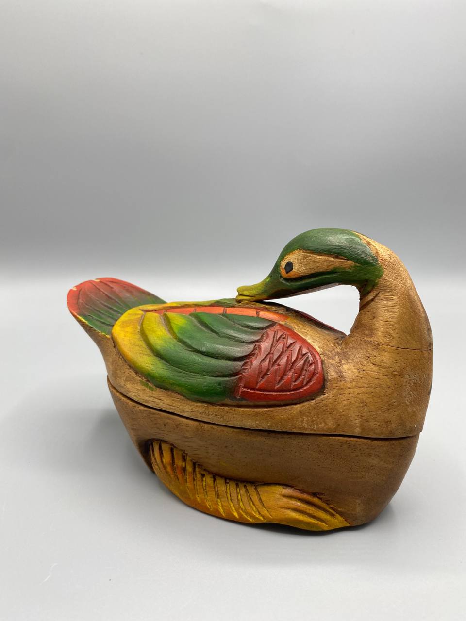Boîte canard colvert ouverte, intérieur bois naturel