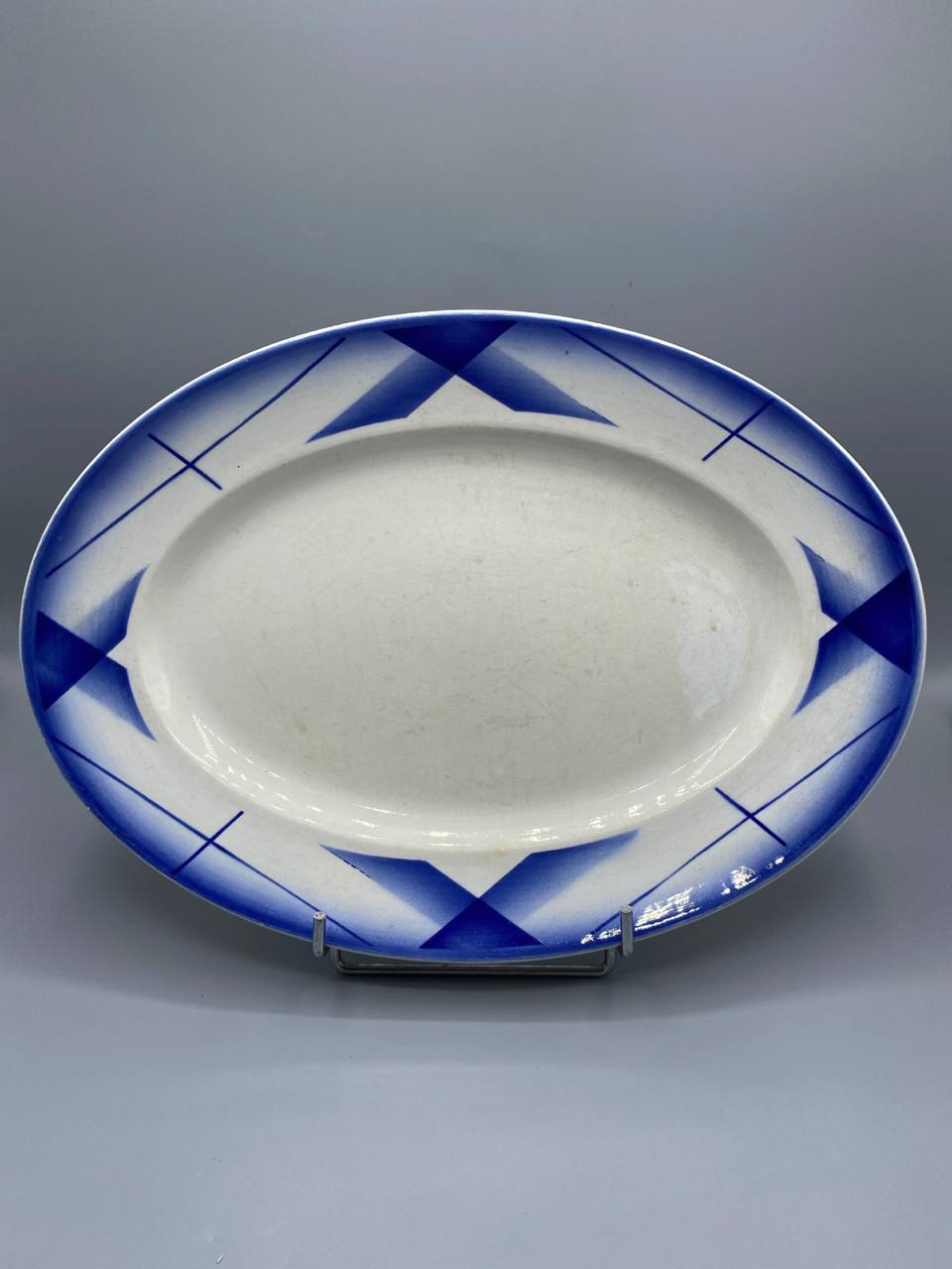 Plat ovale faïence Digoin Sarreguemines Artix décor géométrique bleu cobalt Art Déco