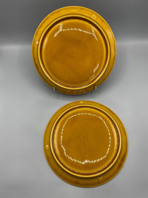 Revers 2 assiettes fondue faïence jaune moutarde sans marque