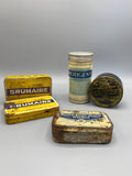 5 boîtes pharmaceutiques anciennes – vue d'ensemble, Brumaire, Belloc, Stovaïne, Protigényl