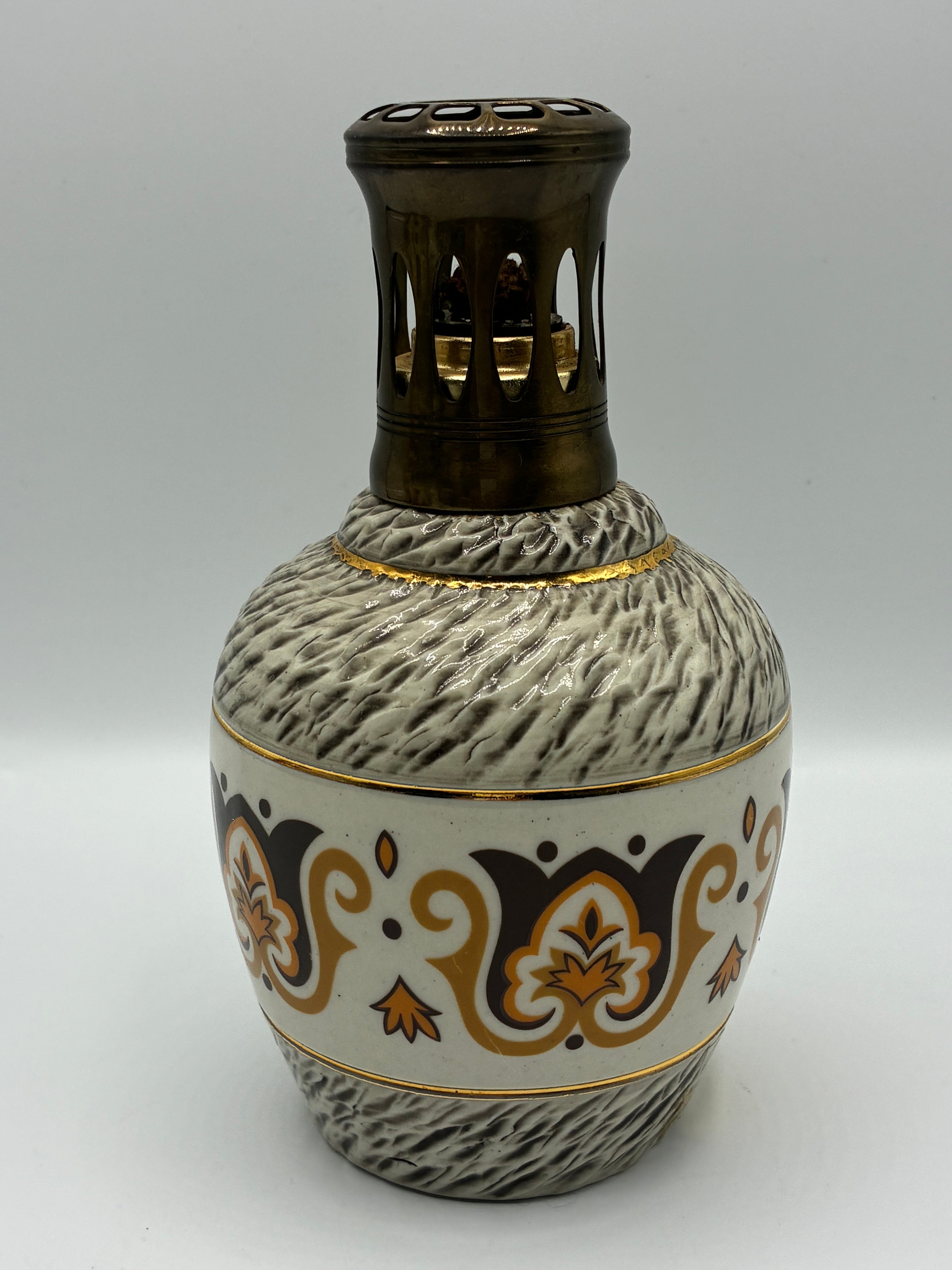 Lampe Berger en grès d'art signée B.O. Breugnot – Décor graphique arabesques dorées – Années 70