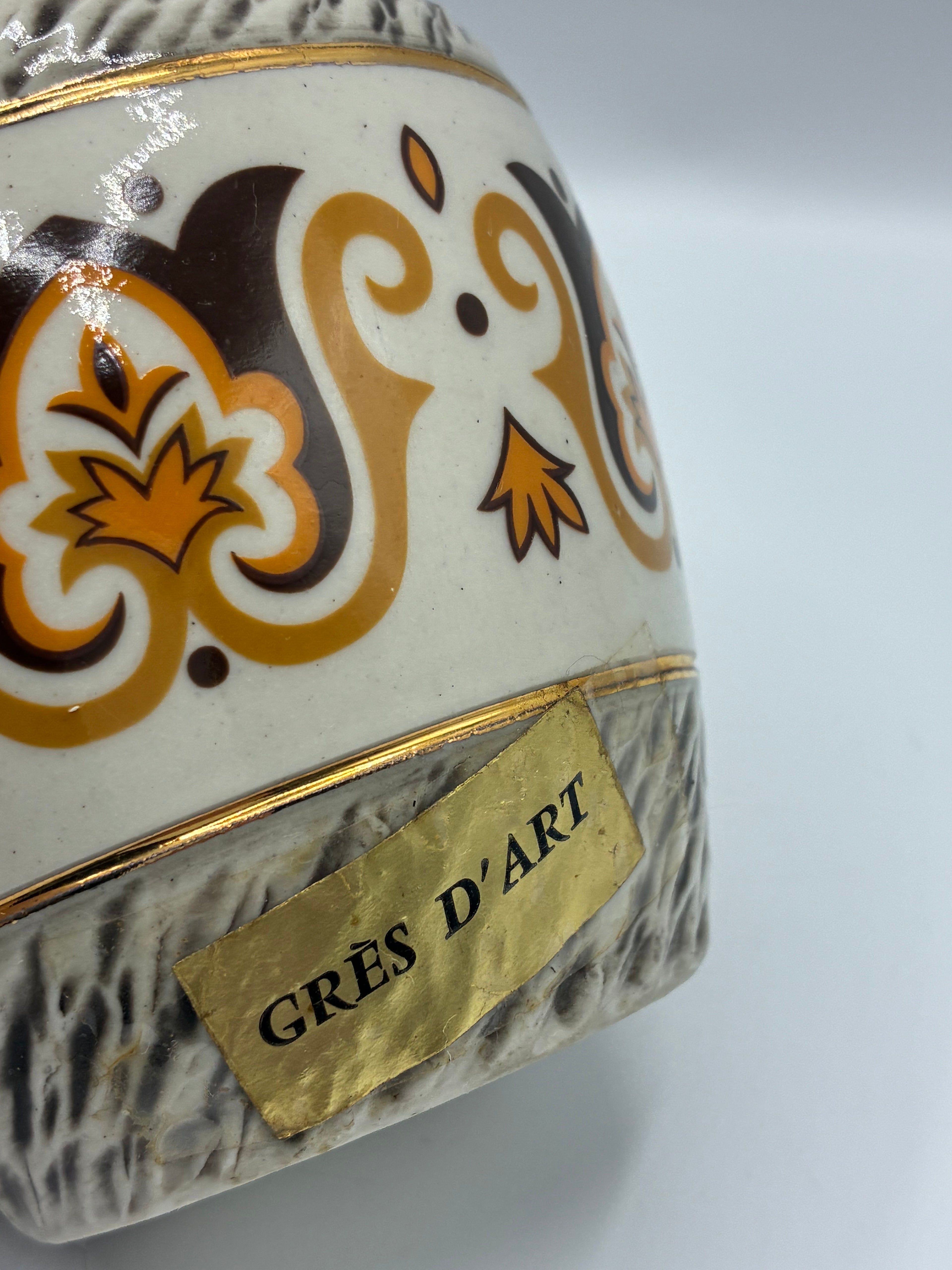 Lampe Berger en grès d'art signée B.O. Breugnot – Décor graphique arabesques dorées – Années 70