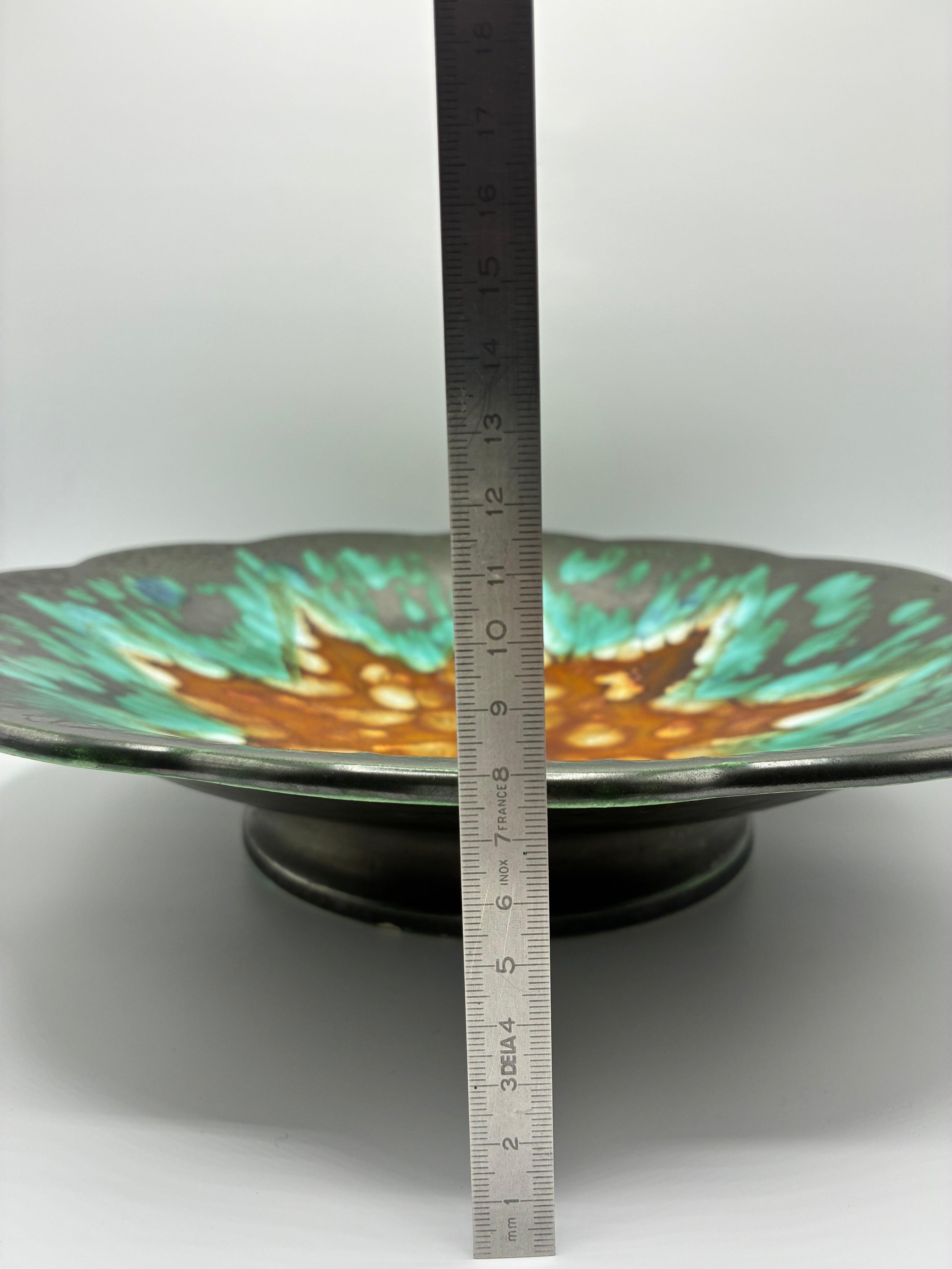 Grande coupe Longwy Jaspe – Email turquoise et ambre – 35 cm – Decor a la main