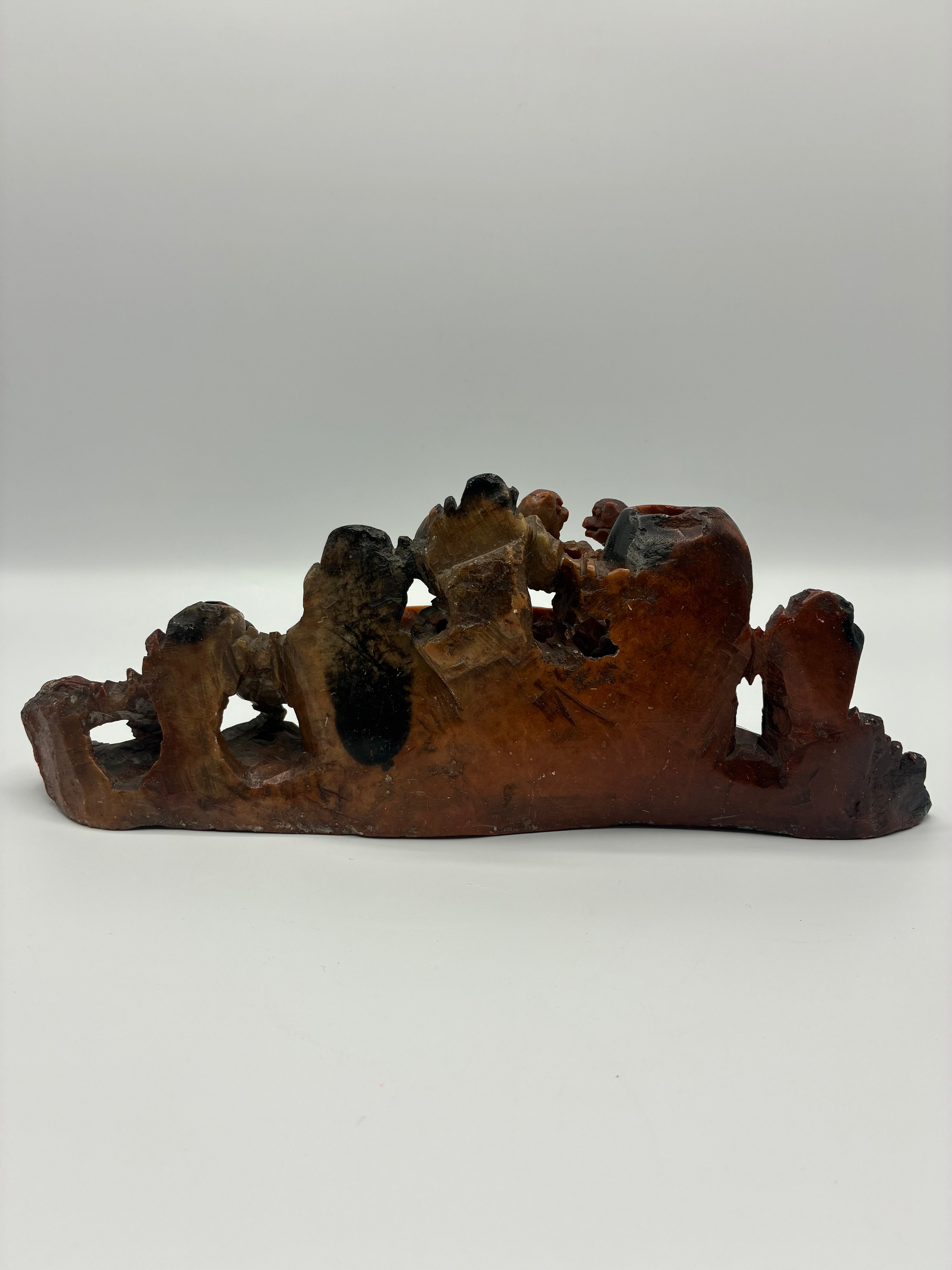 Porte-encens en stéatite sculpté – Paysage animé singes et oiseaux – Bassin central – Art chinois – 25 cm