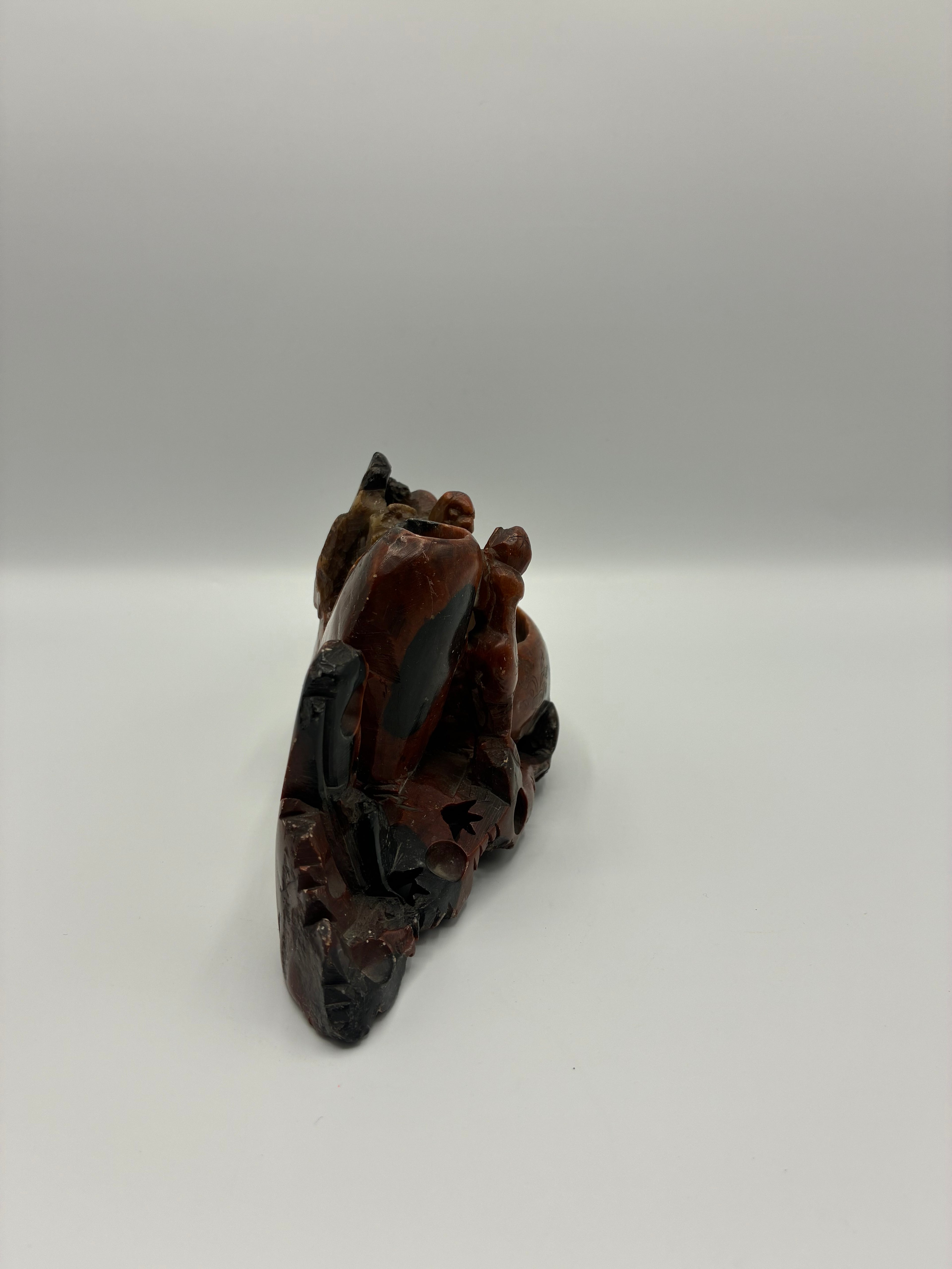 Porte-encens en stéatite sculpté – Paysage animé singes et oiseaux – Bassin central – Art chinois – 25 cm