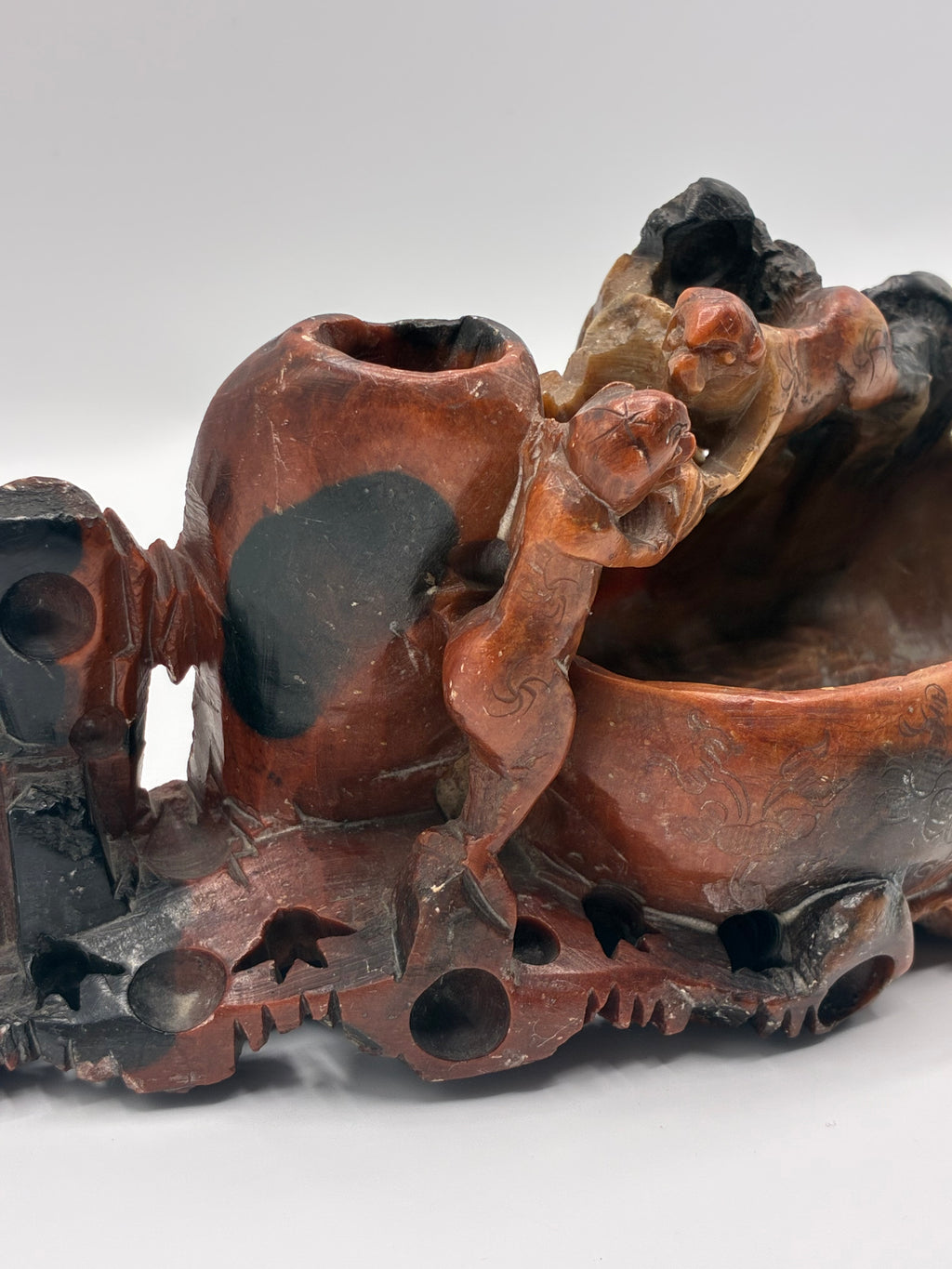 Porte-encens en stéatite sculpté – Paysage animé singes et oiseaux – Bassin central – Art chinois – 25 cm