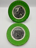 Paire d'assiettes faïence Digoin & Sarreguemines – Décor chasse – Marli vert tressé – N°6 Chasse aux cailles et N°9 Canards sauvages – Vers 1925-1940