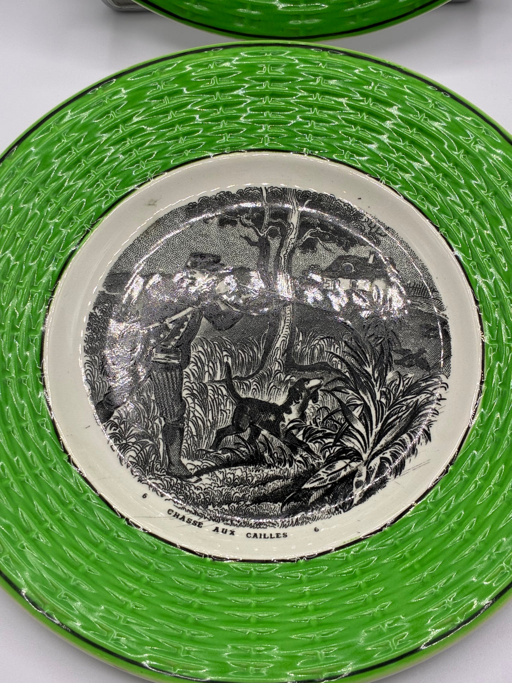 Paire d'assiettes faïence Digoin & Sarreguemines – Décor chasse – Marli vert tressé – N°6 Chasse aux cailles et N°9 Canards sauvages – Vers 1925-1940