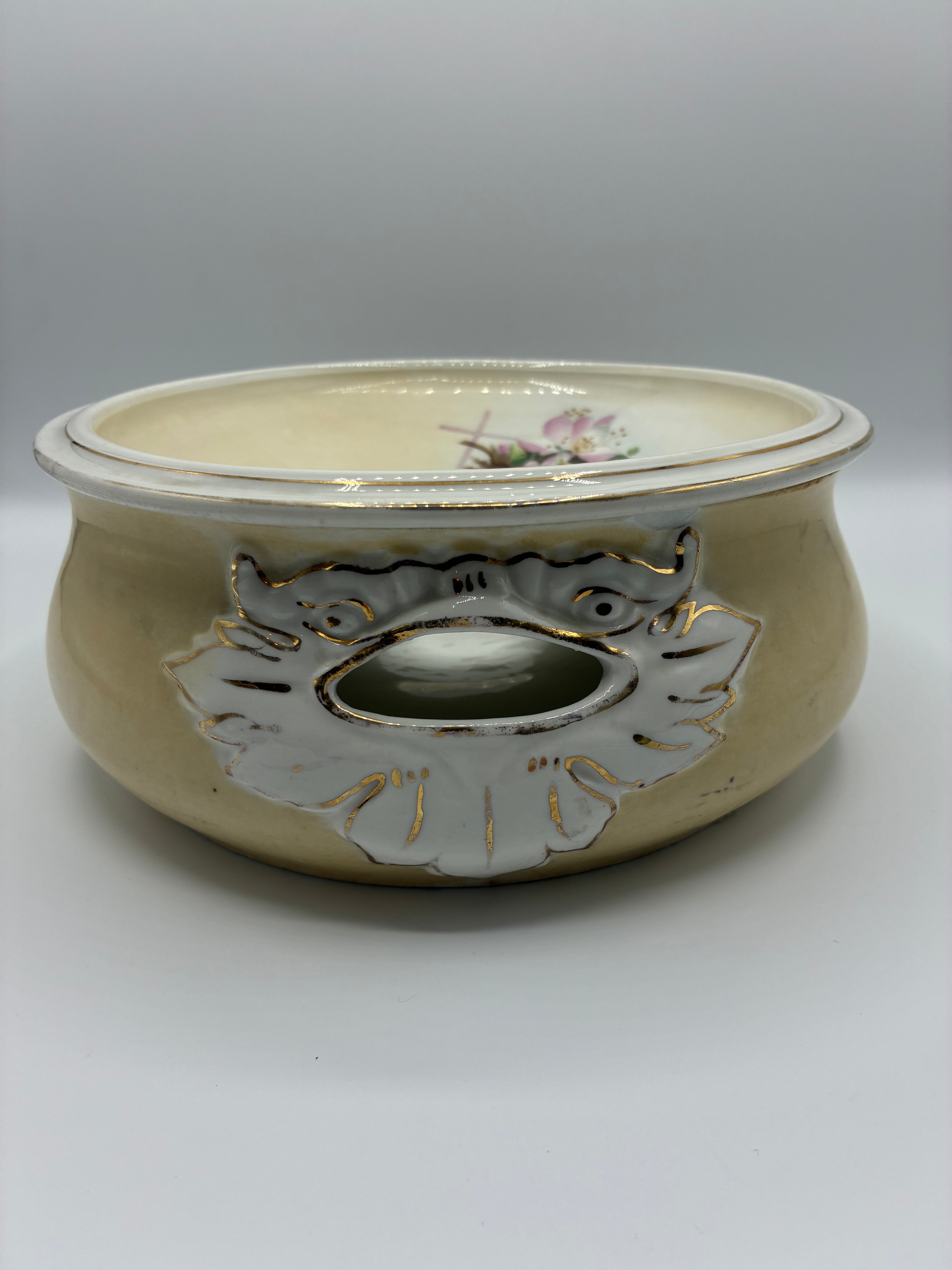 Crachoir ancien en porcelaine – Décor branche fleurie et filets dorés – Deux pièces – Fin XIXe siècle – Diam. 20 cm