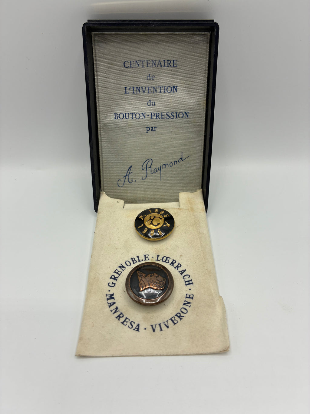 Coffret commémoratif A. Raymond – Centenaire du bouton-pression 1886–1986, Grenoble