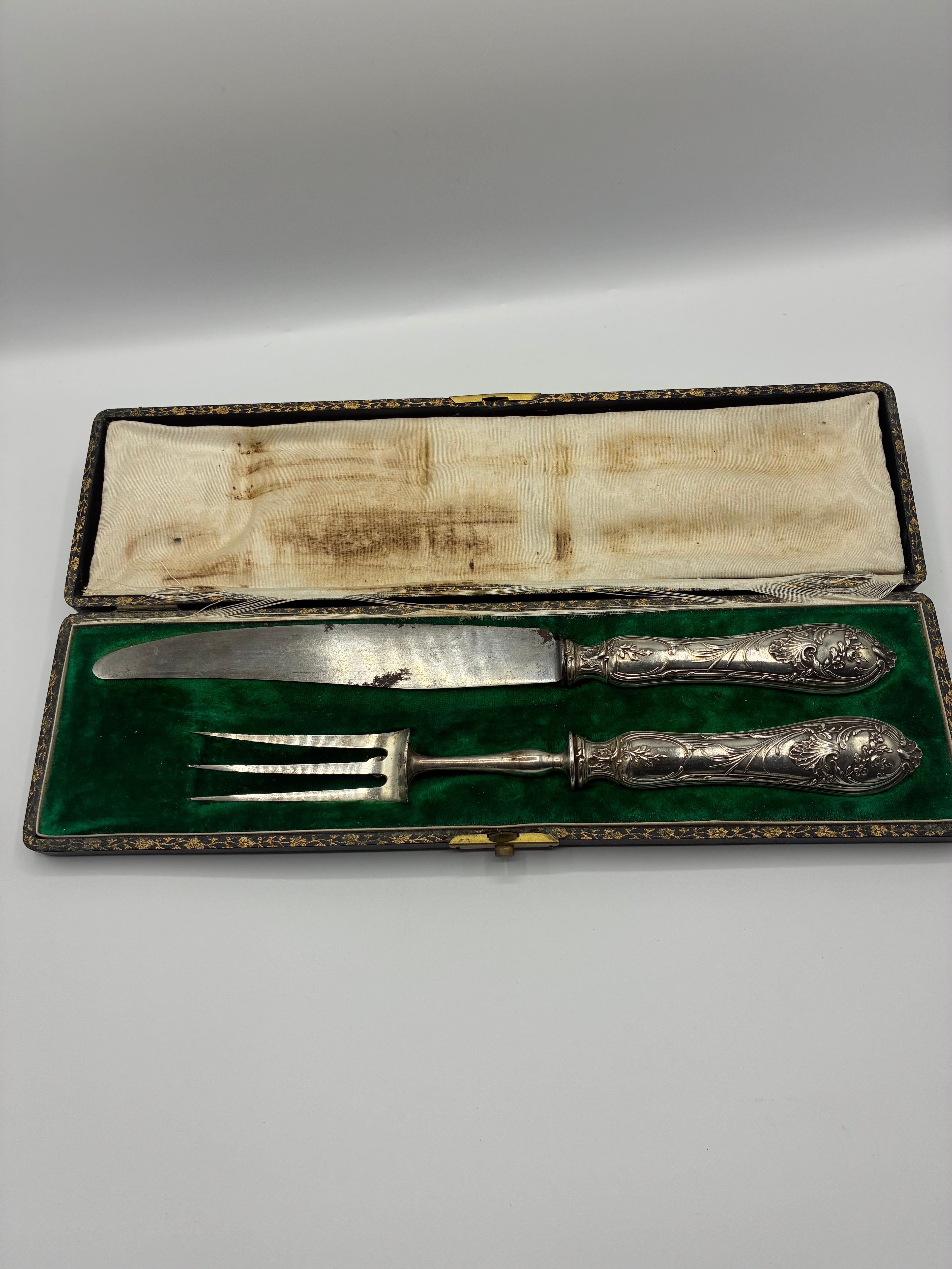 Service à découper ancien – Métal argenté, décor rocaille, coffret velours vert, Belle Époque