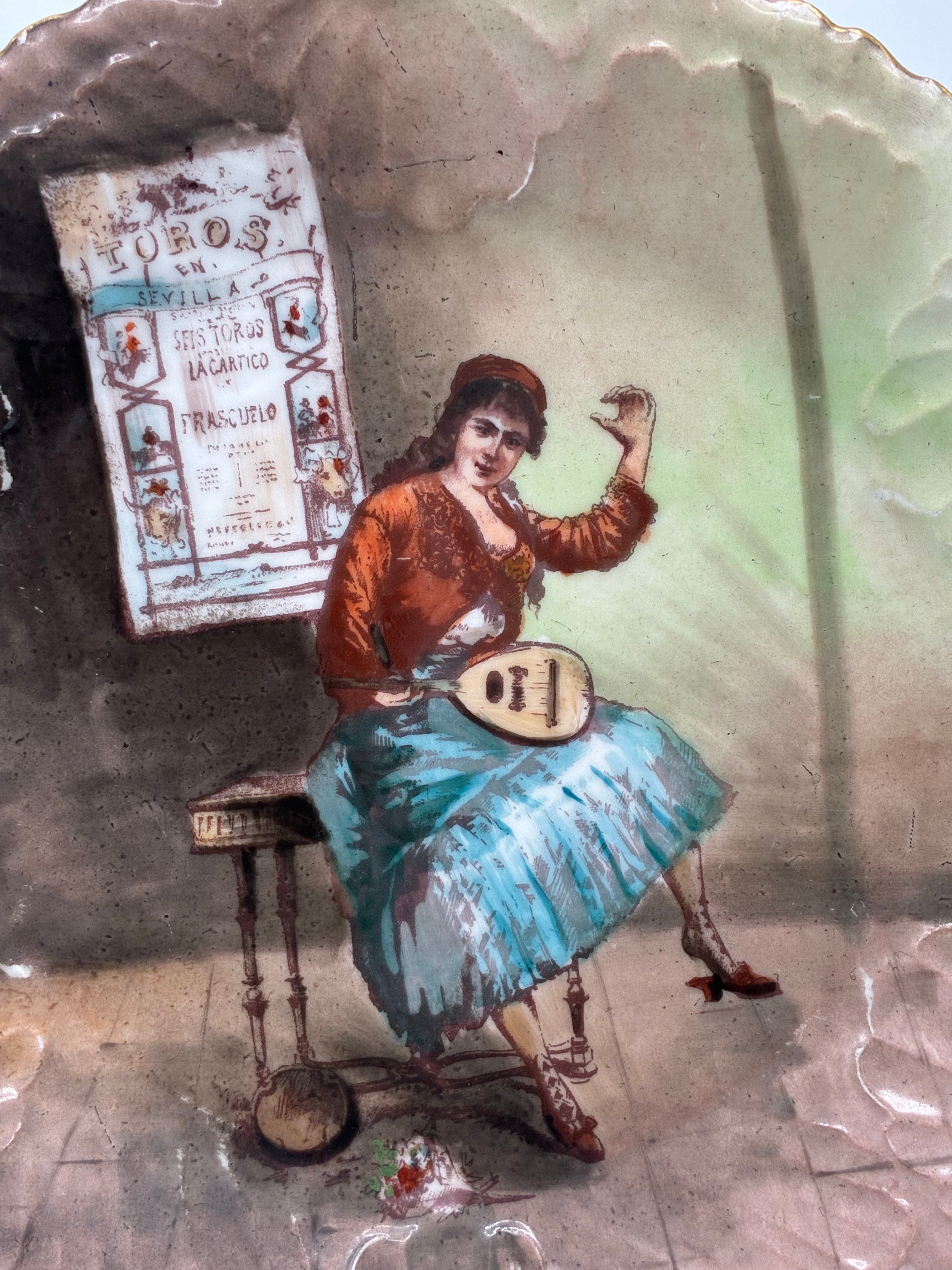 Ancien plat mural décor espagnol – Toros en Sevilla – scène andalouse – vers 1900