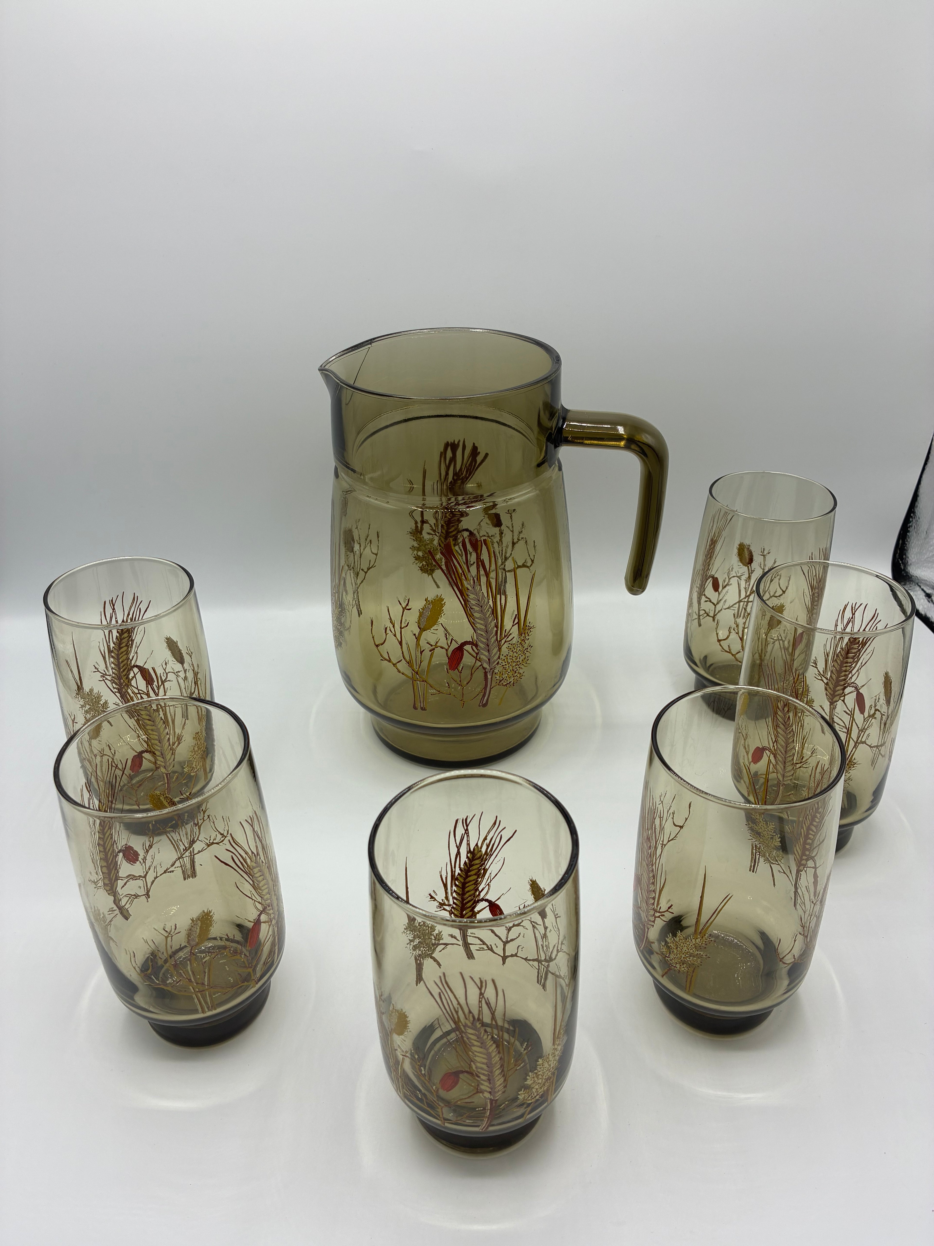Service à limonade vintage – carafe et 6 verres décor blé – verre fumé années 70