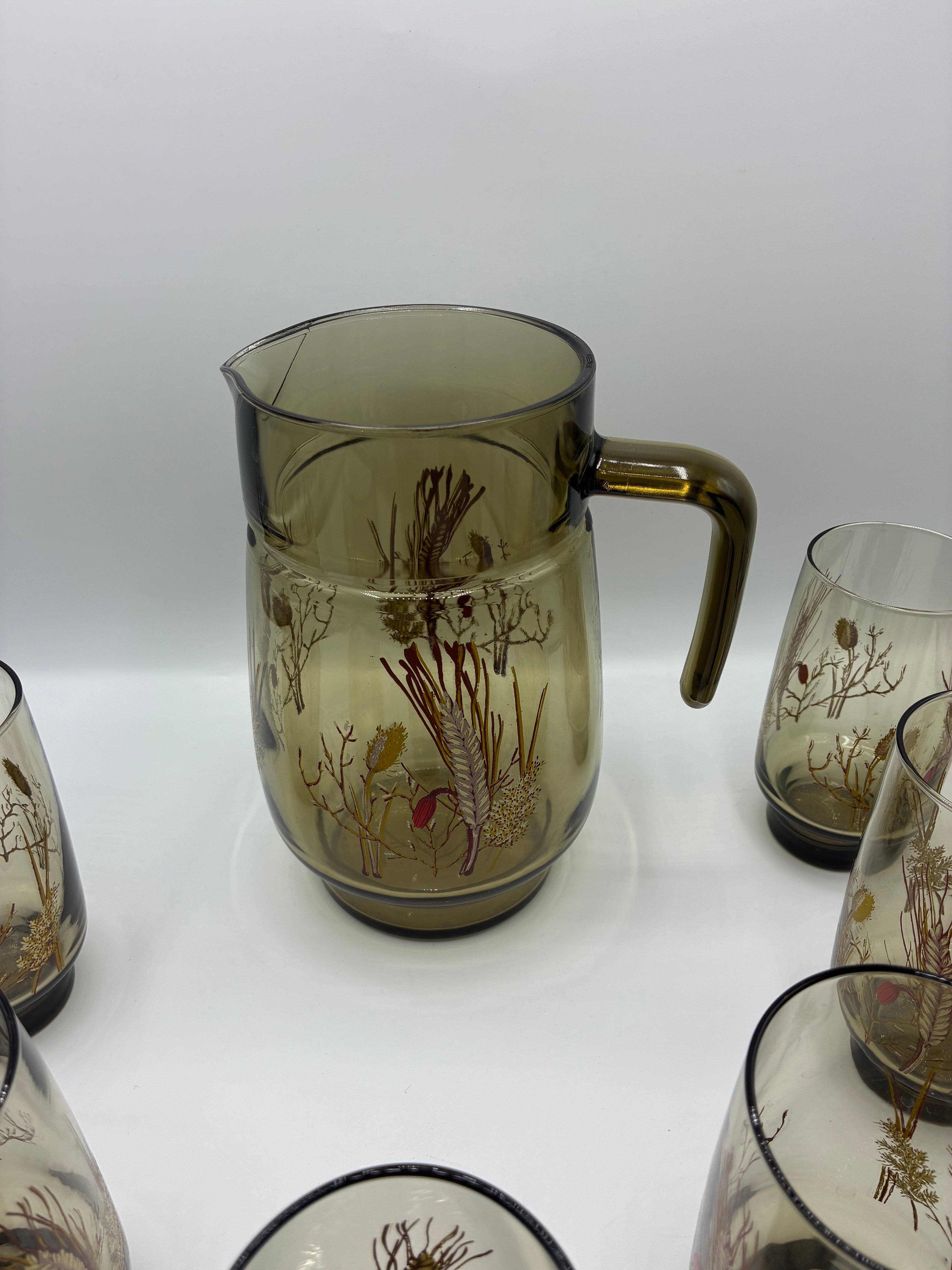 Service à limonade vintage – carafe et 6 verres décor blé – verre fumé années 70
