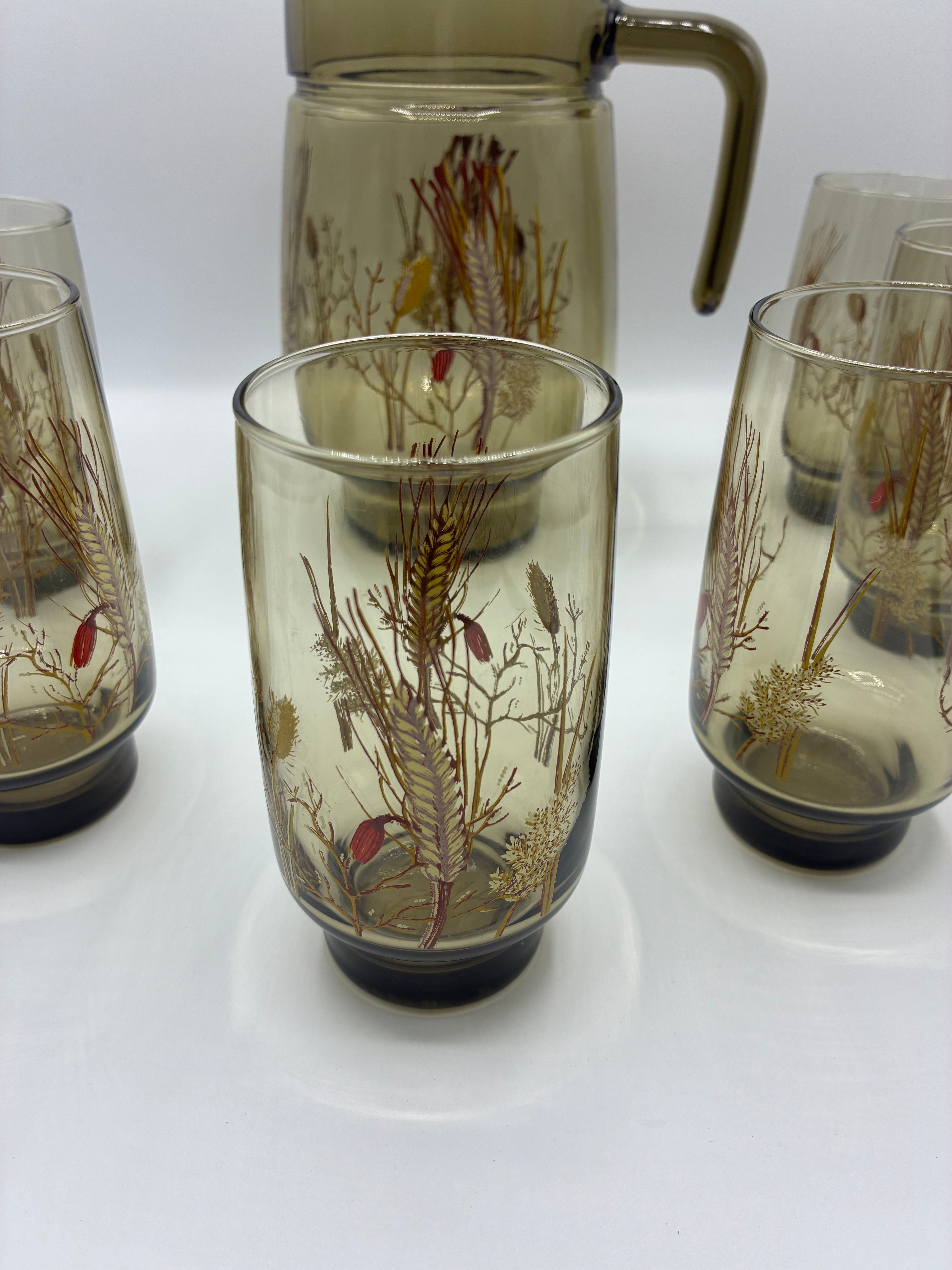 Service à limonade vintage – carafe et 6 verres décor blé – verre fumé années 70