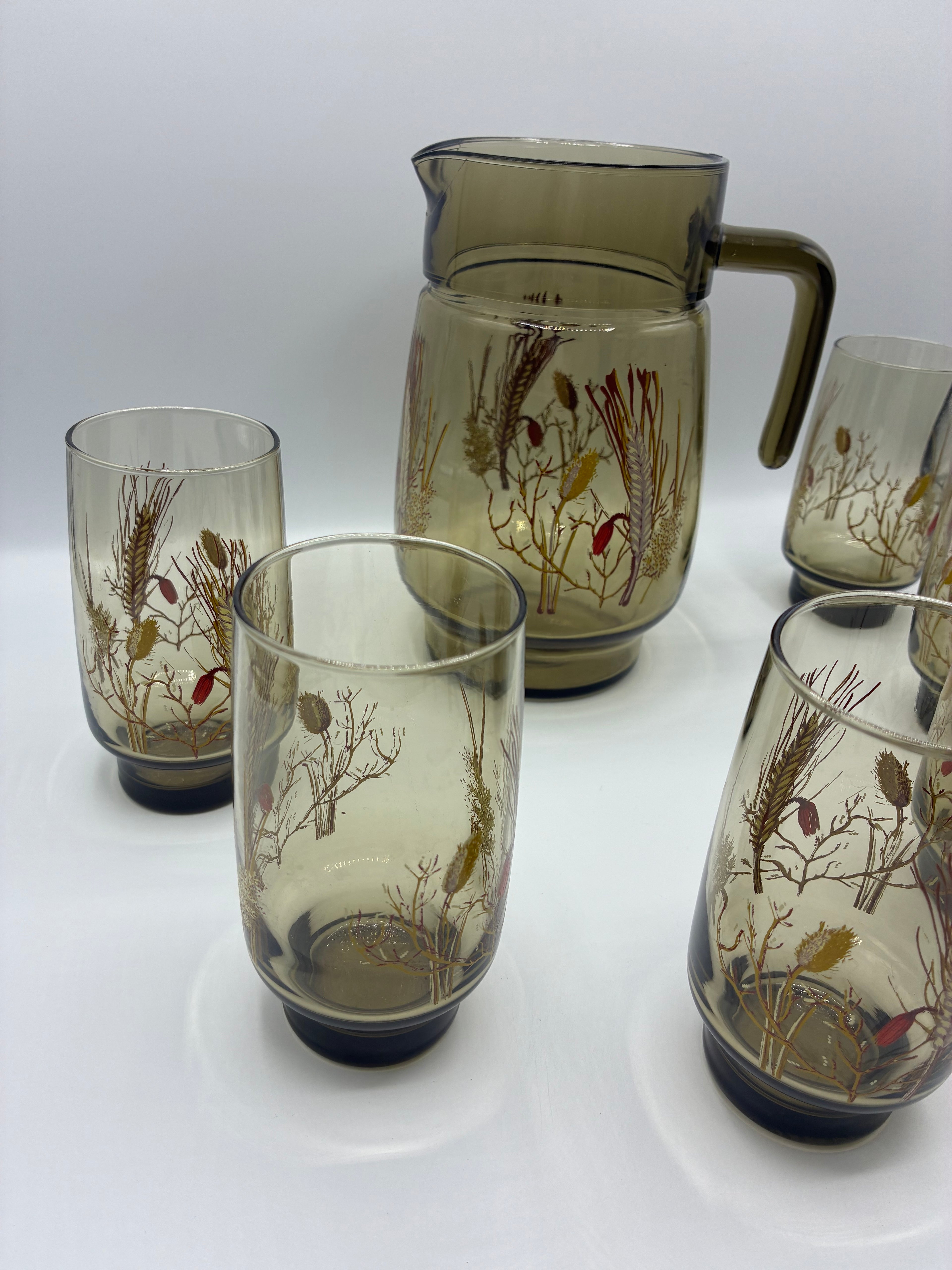 Service à limonade vintage – carafe et 6 verres décor blé – verre fumé années 70