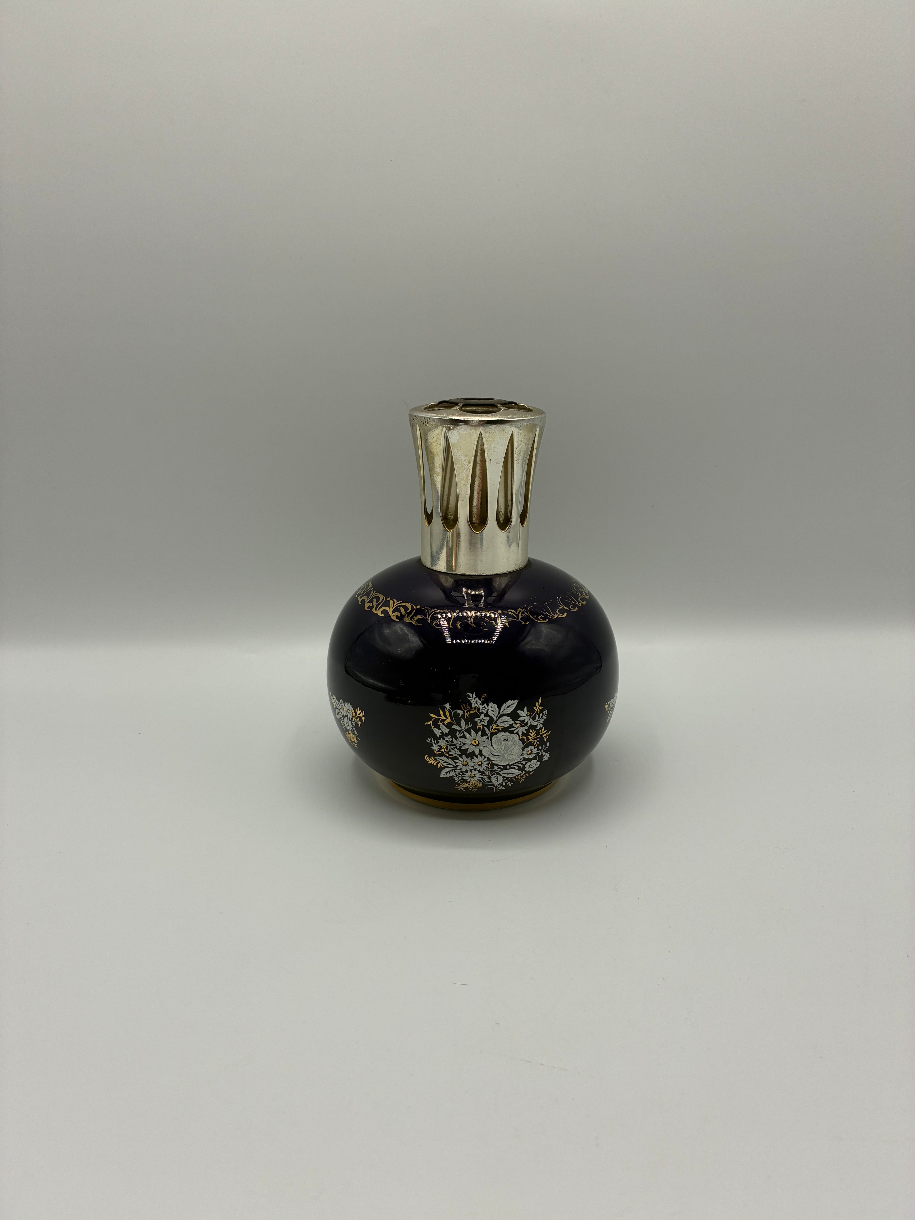 Lampe Berger Paris vintage – verre cobalt décor floral blanc et or années 60