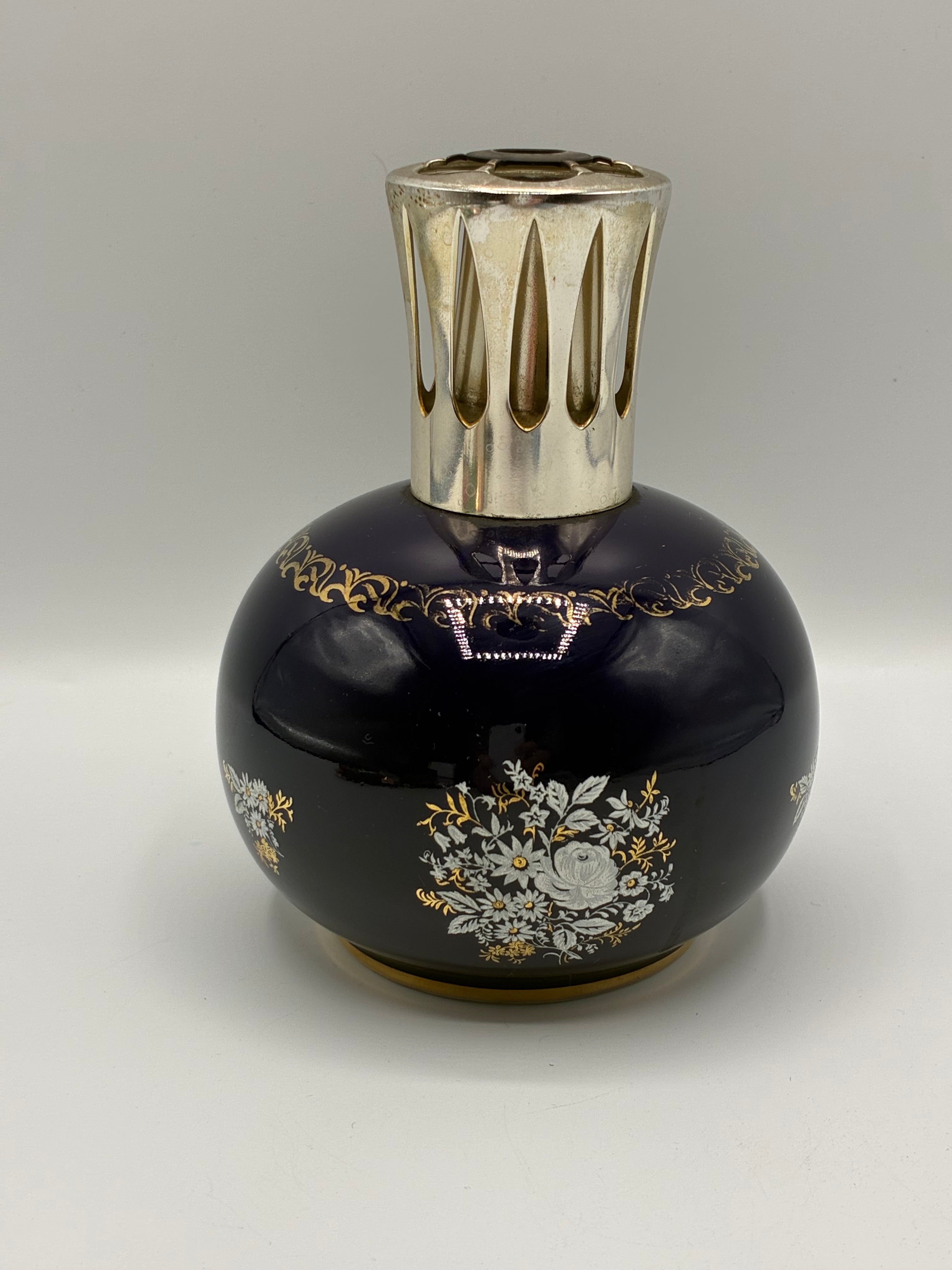 Lampe Berger Paris vintage – verre cobalt décor floral blanc et or années 60