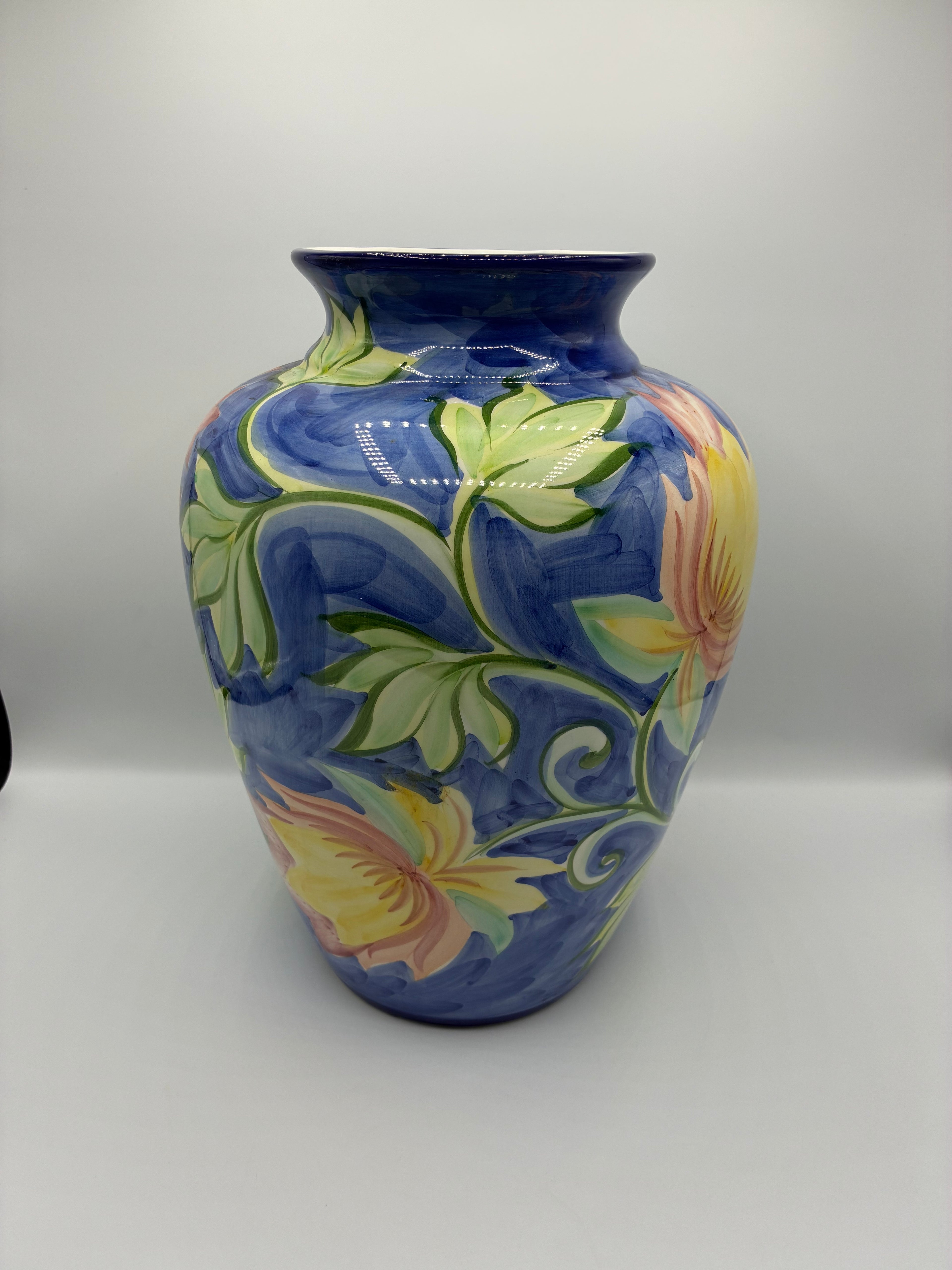 Grand vase céramique peinte main Alcobaça Portugal décor floral 30 cm